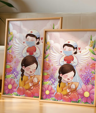 Escena ilustrada de un ángel de la salud con un niño y flores