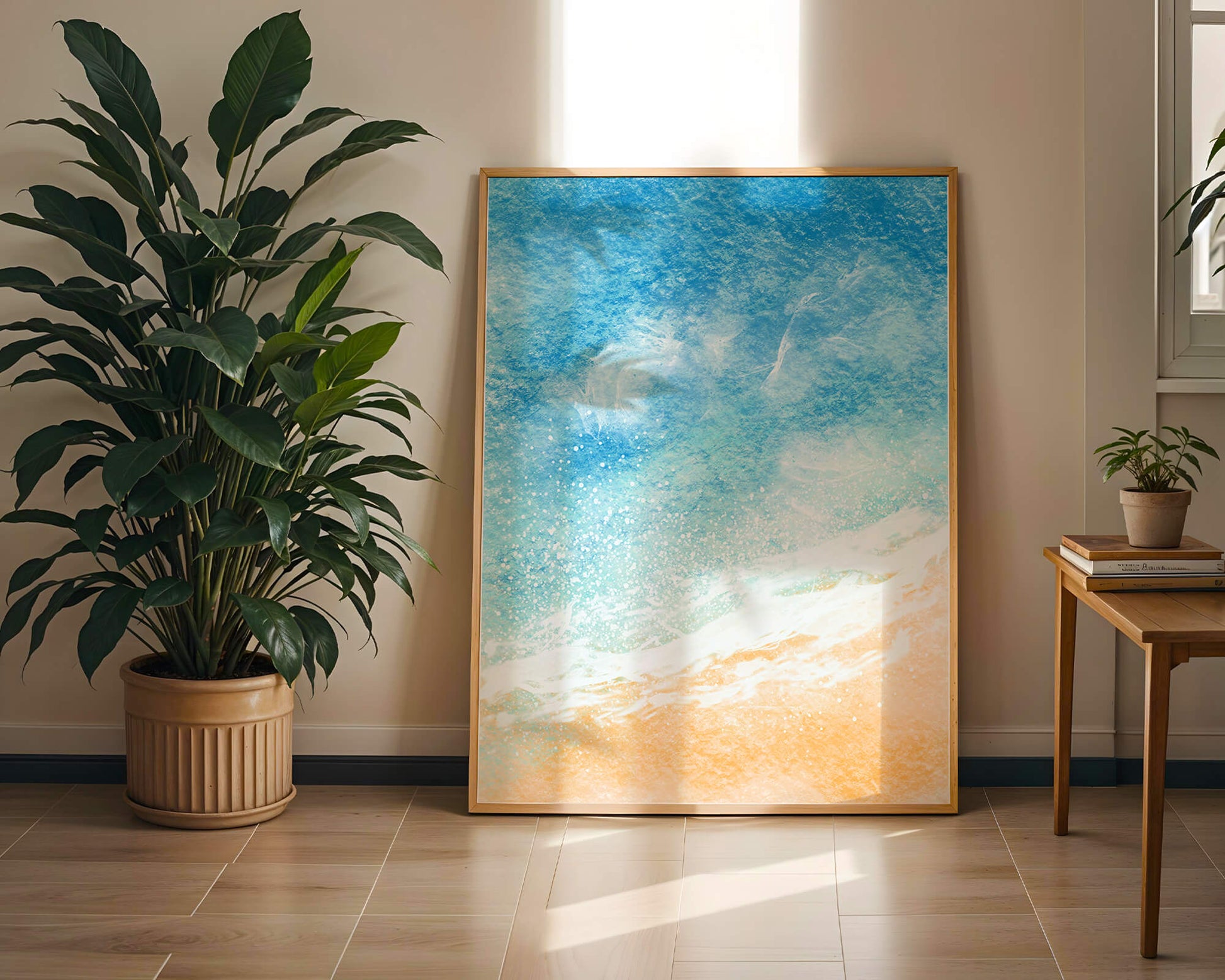 Abstract Ocean Waves with Blue and Sand Tones