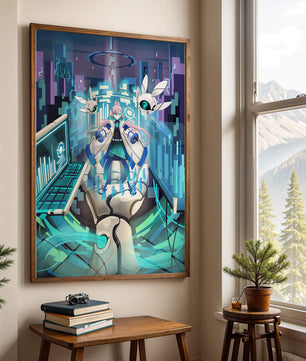 Escena futurista de anime digital con elementos de ciencia ficción y compañeros robóticos