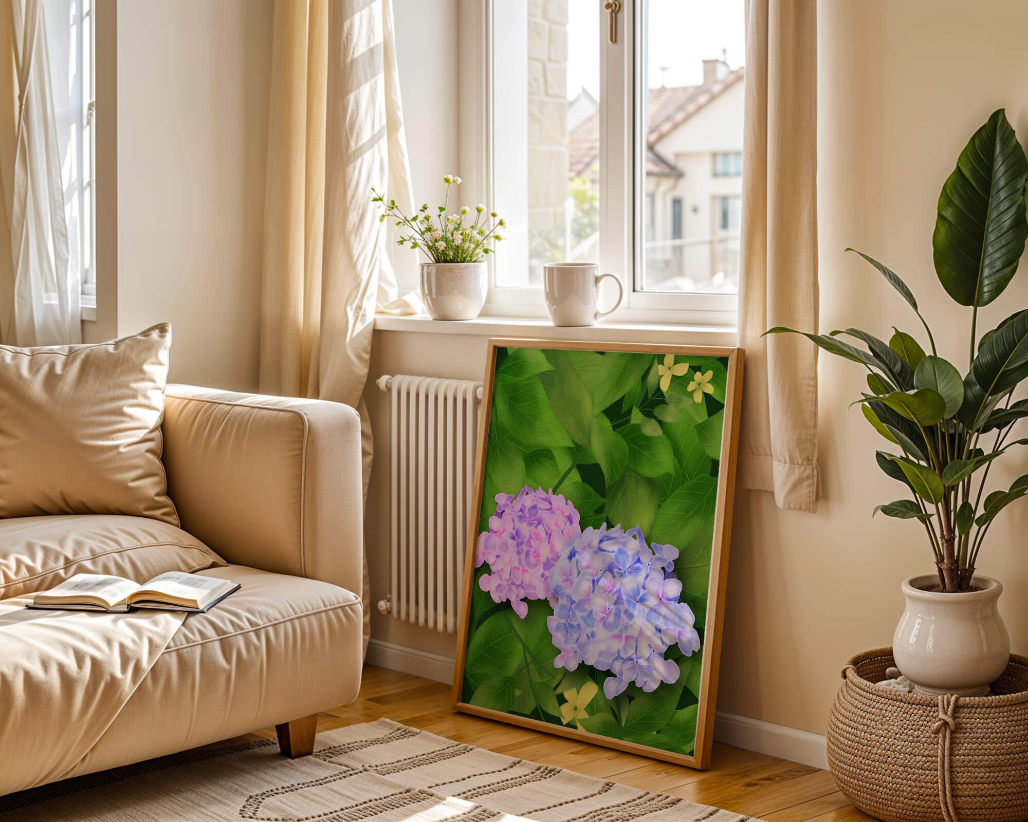 Delicate hydrangeas with lush green leaves in a vibrant botanical scene