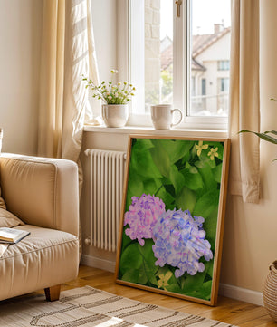 Delicate hydrangeas with lush green leaves in a vibrant botanical scene