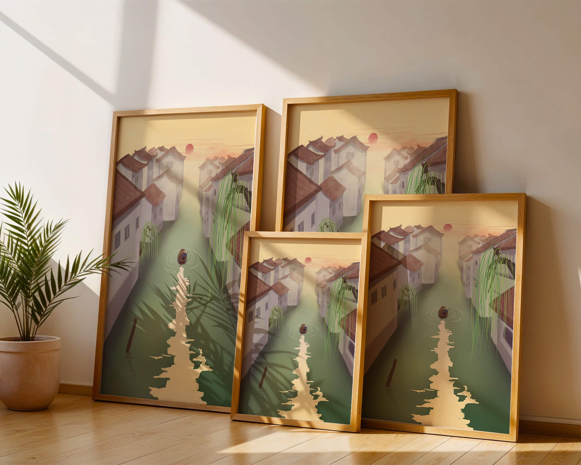 Tranquil river scene with traditional architecture and sunset