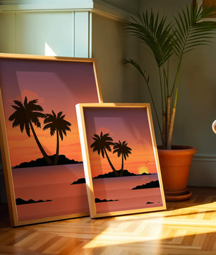 Sunset Over Tropical Island with Palm Trees and Birds - Mi tienda