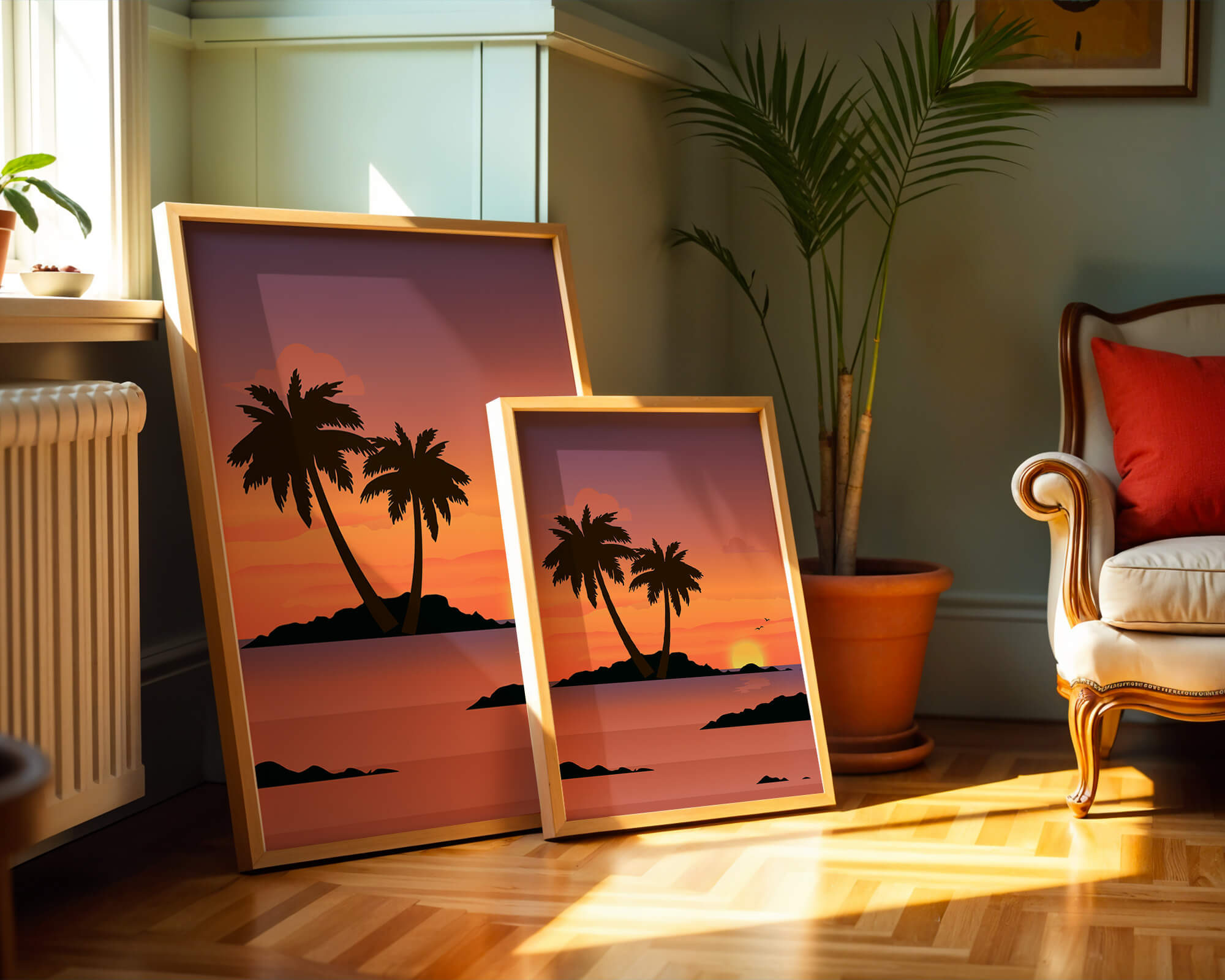 Sunset Over Tropical Island with Palm Trees and Birds - Mi tienda