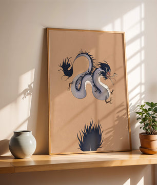 Illustration of a mystical dragon with fluid form on a beige background
