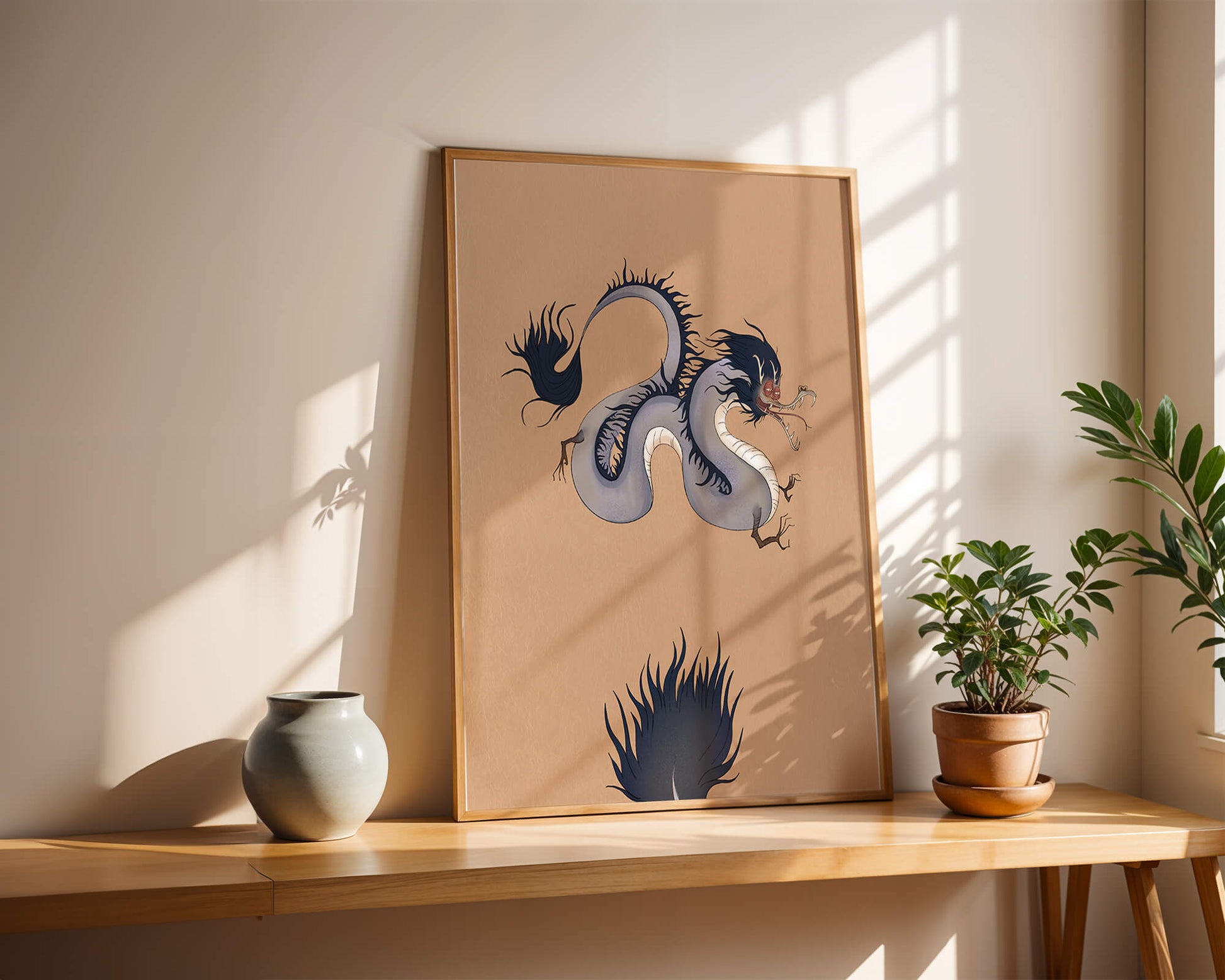 Illustration of a mystical dragon with fluid form on a beige background