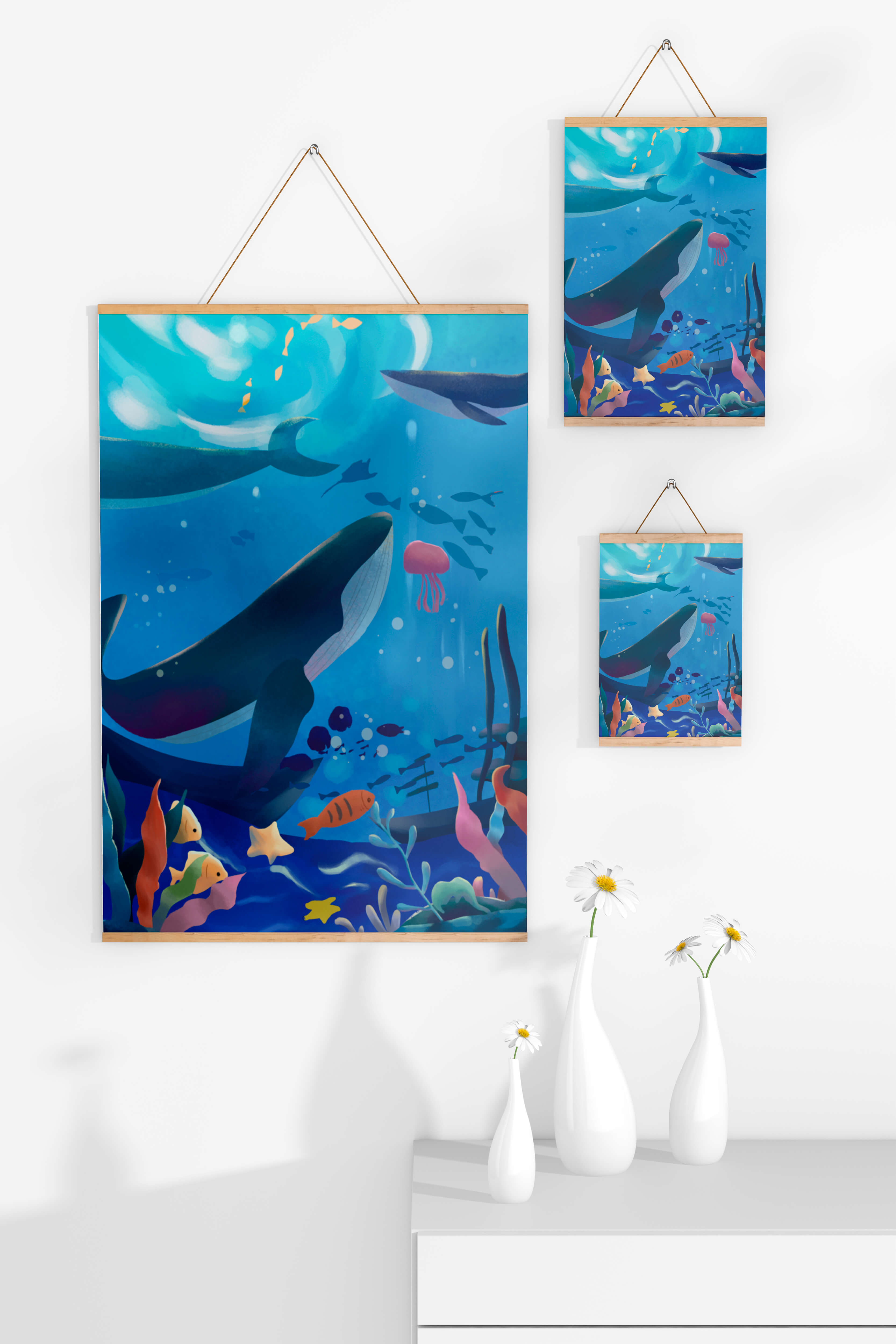 Underwater scene with whales, fish, and coral reef