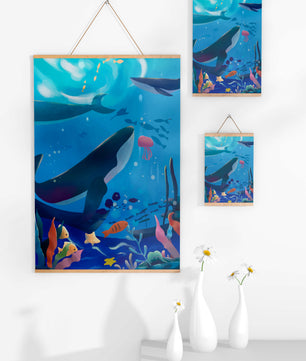 Escena submarina con ballenas, peces y arrecife de coral