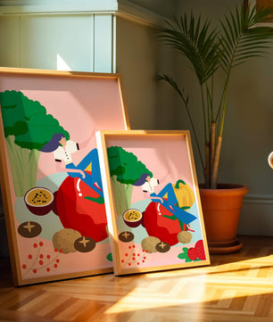 Ilustración de una mujer rodeada de vegetales y frutas vibrantes