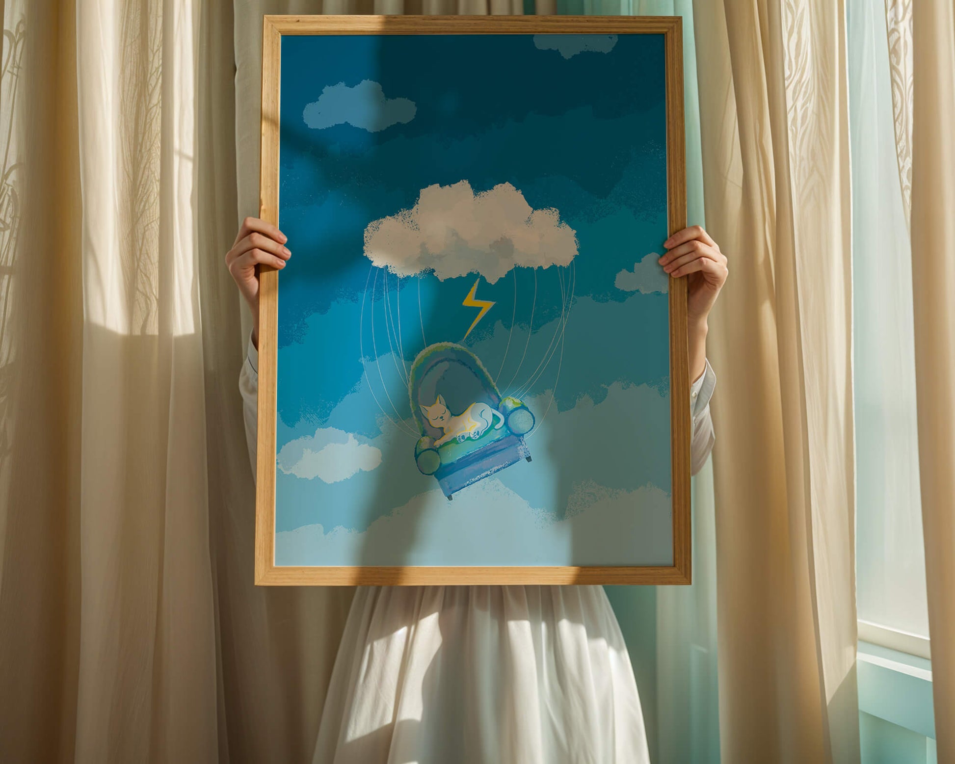 Dreamy Cat on a Floating Armchair in a Surreal Cloudy Sky