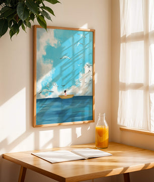 Peaceful seascape illustration with a boat and birds