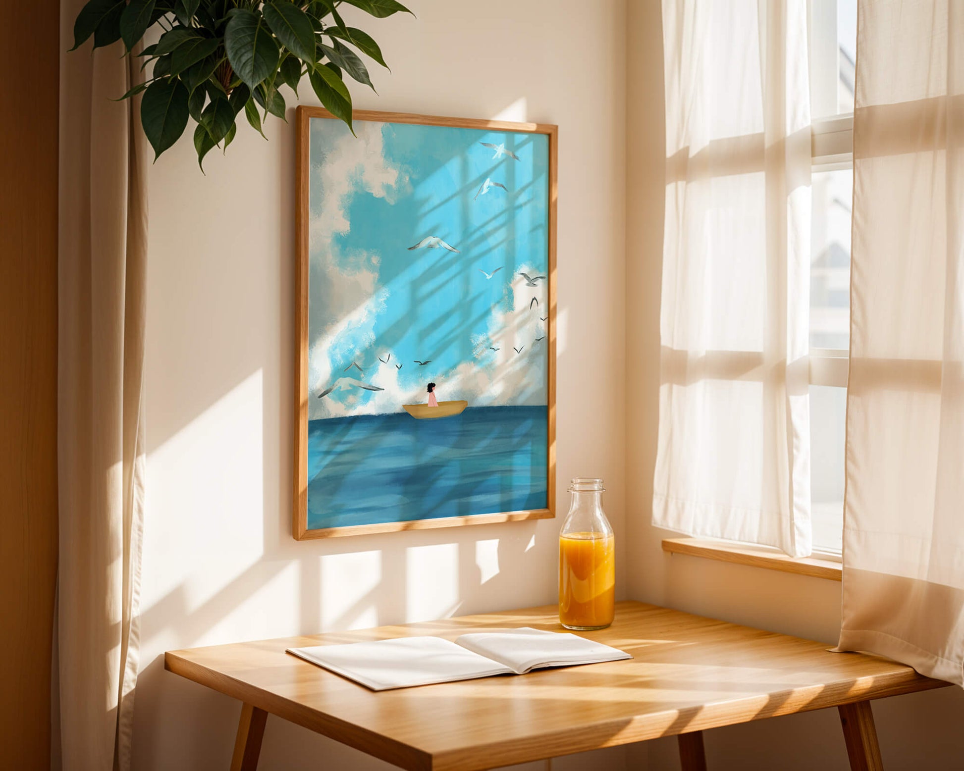 Peaceful seascape illustration with a boat and birds
