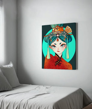 Elegant illustration of a woman in traditional attire with intricate headpiece