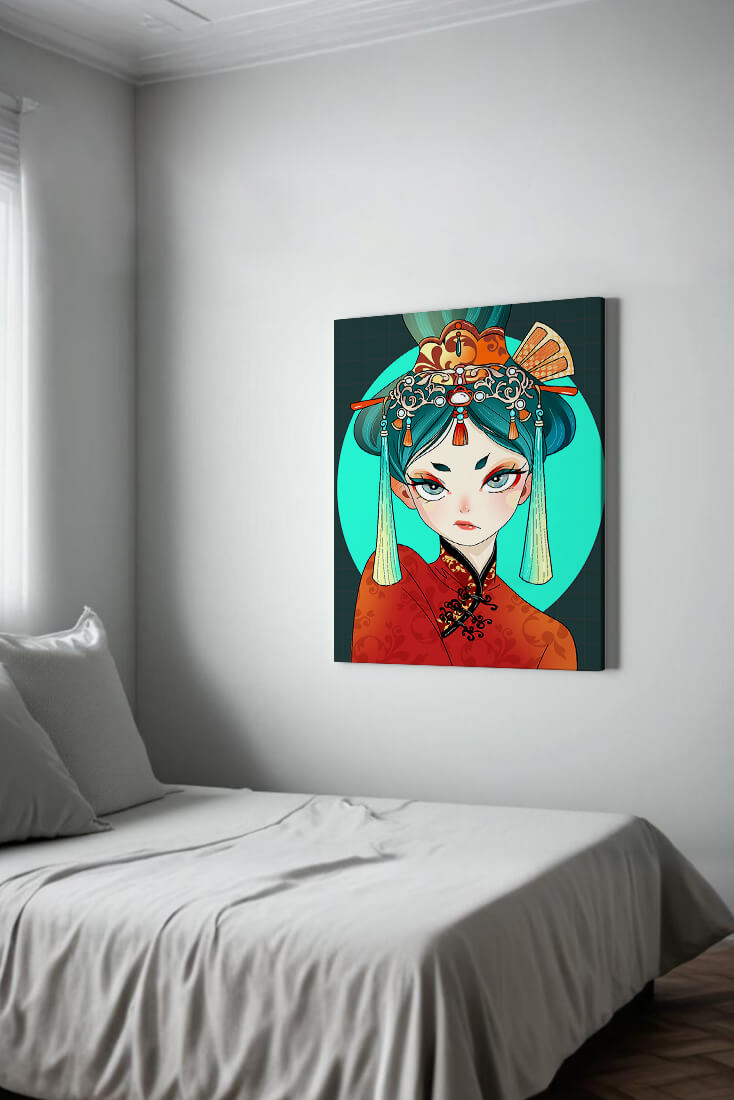 Elegant illustration of a woman in traditional attire with intricate headpiece