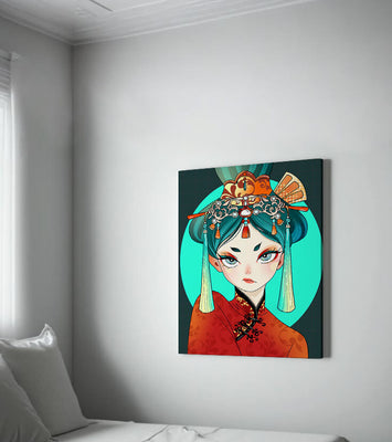 Elegant illustration of a woman in traditional attire with intricate headpiece