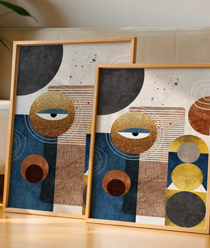 Obra de arte geométrica abstracta con elementos dorados y azules