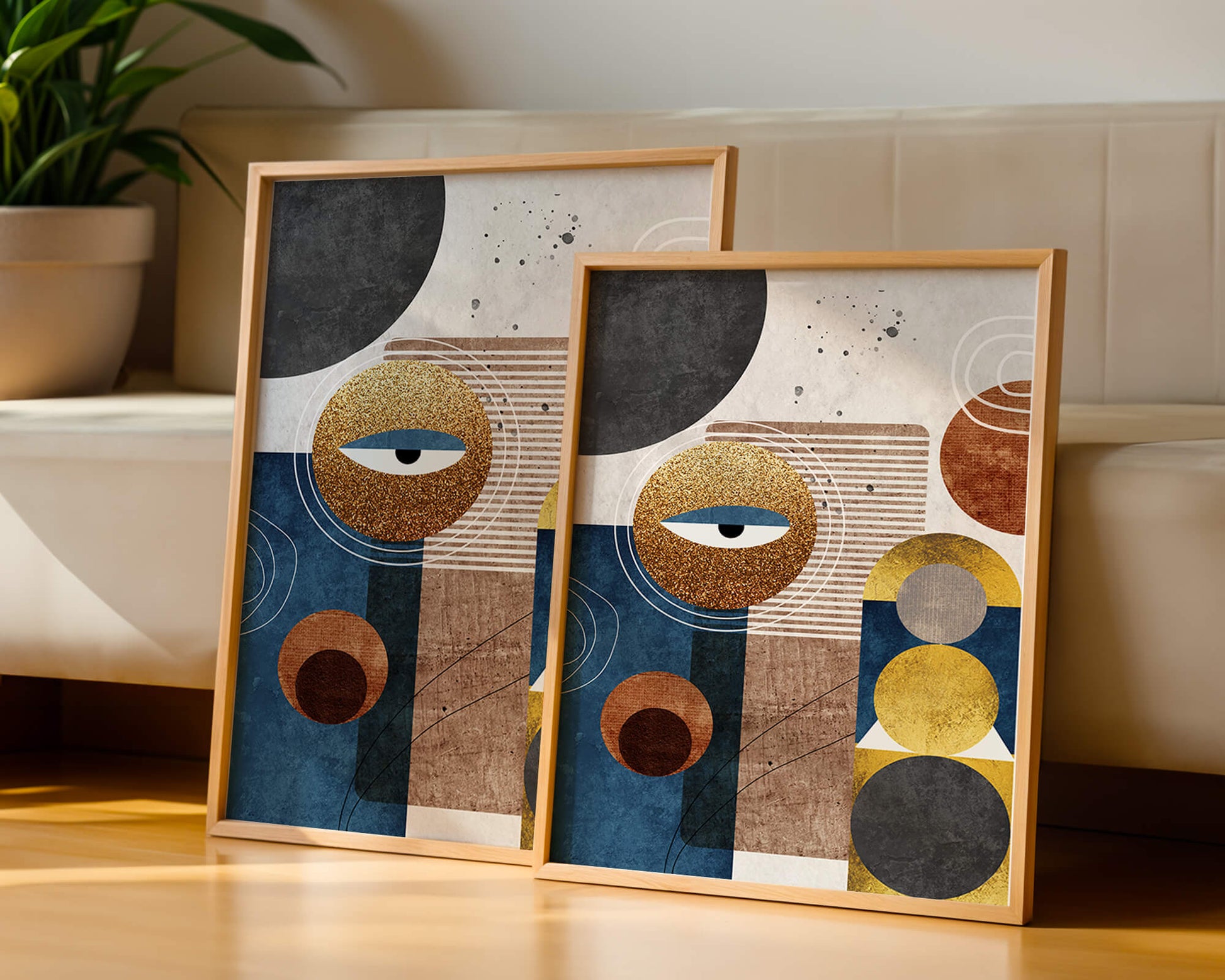 Abstract geometric artwork with gold and blue elements