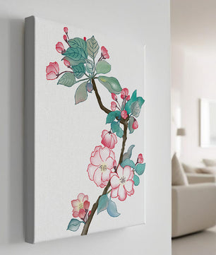 Rama delicada de cerezo en flor a la acuarela con hojas y flores vibrantes