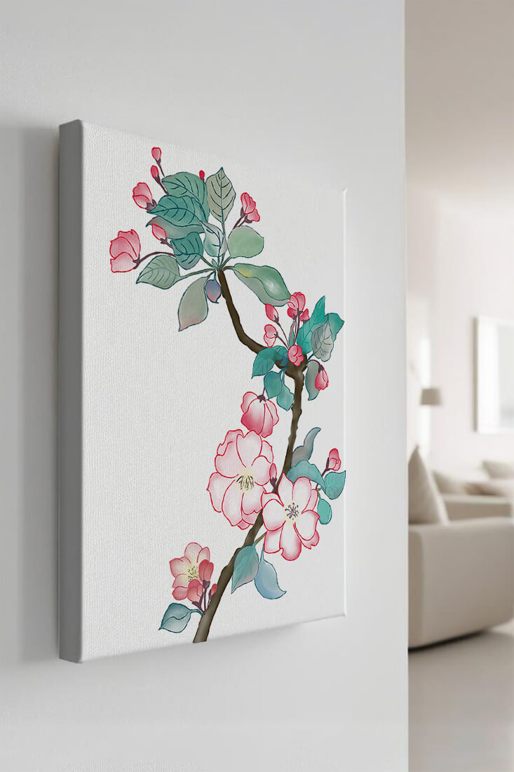 Rama delicada de cerezo en flor a la acuarela con hojas y flores vibrantes