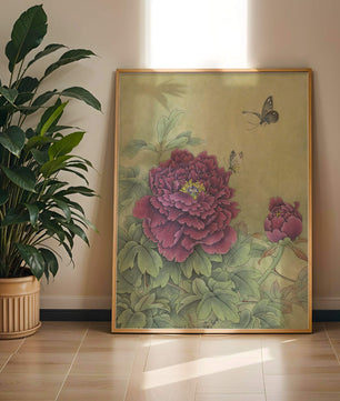 Delicate peonies with butterflies in a serene natural setting