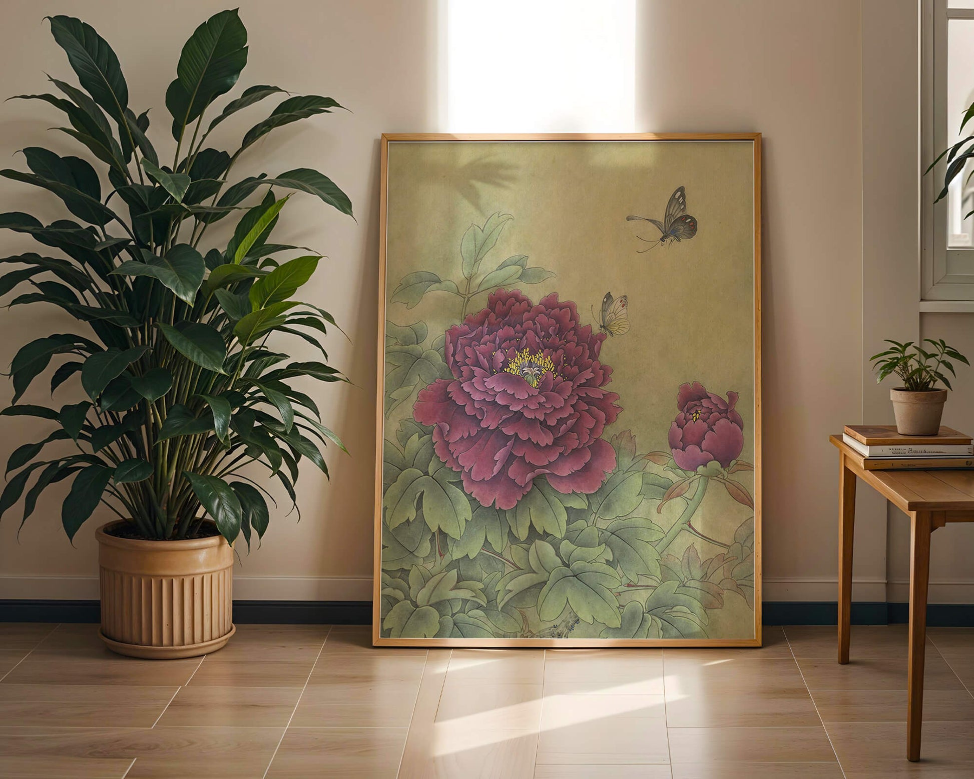 Delicate peonies with butterflies in a serene natural setting