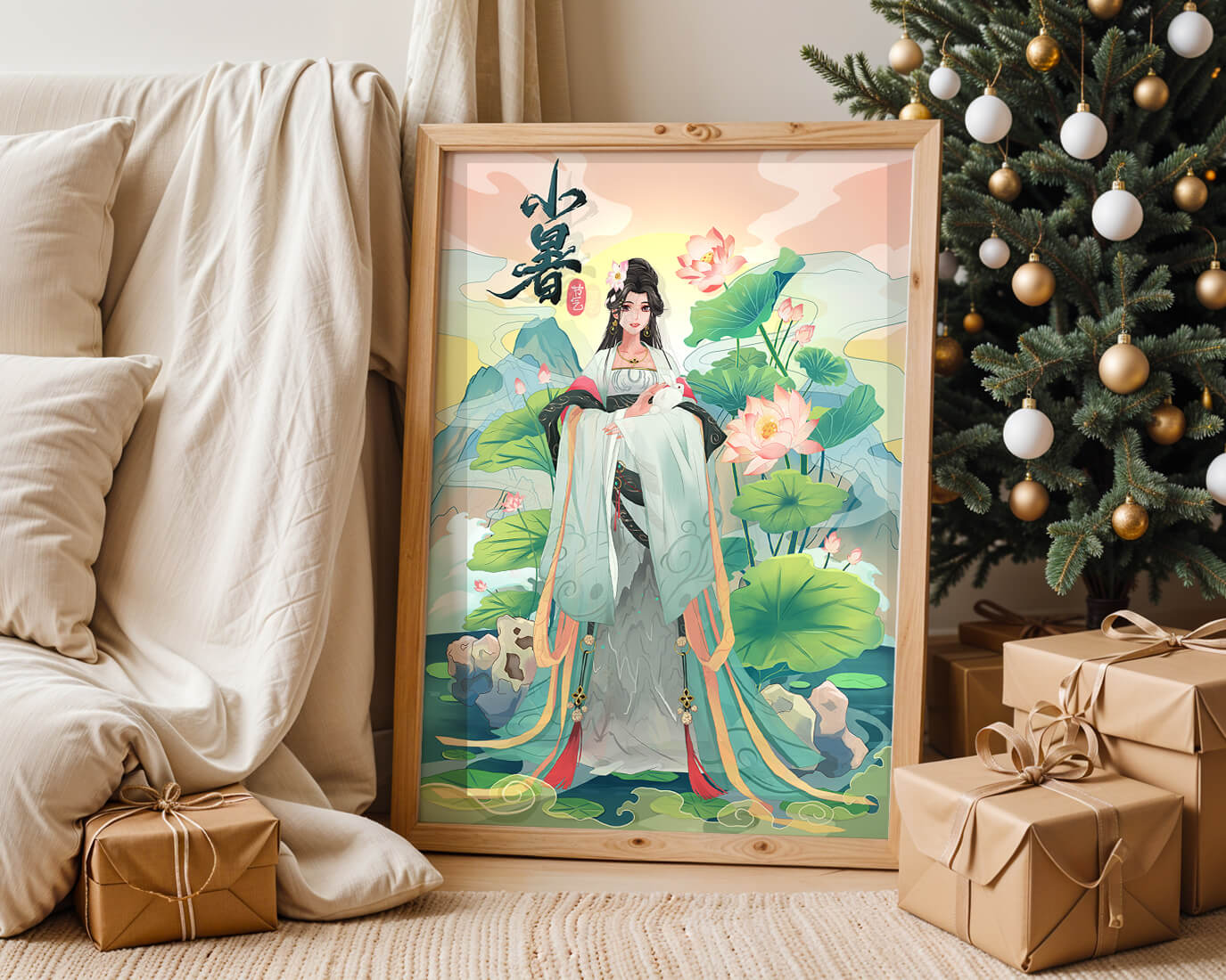 Elegant woman in traditional attire with lotus flowers and serene backdrop