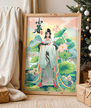 Elegant woman in traditional attire with lotus flowers and serene backdrop