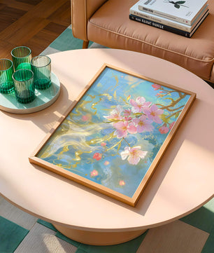 Beautiful Cherry Blossom Branch with Golden Highlights on a Soft Blue Background - Mi tienda