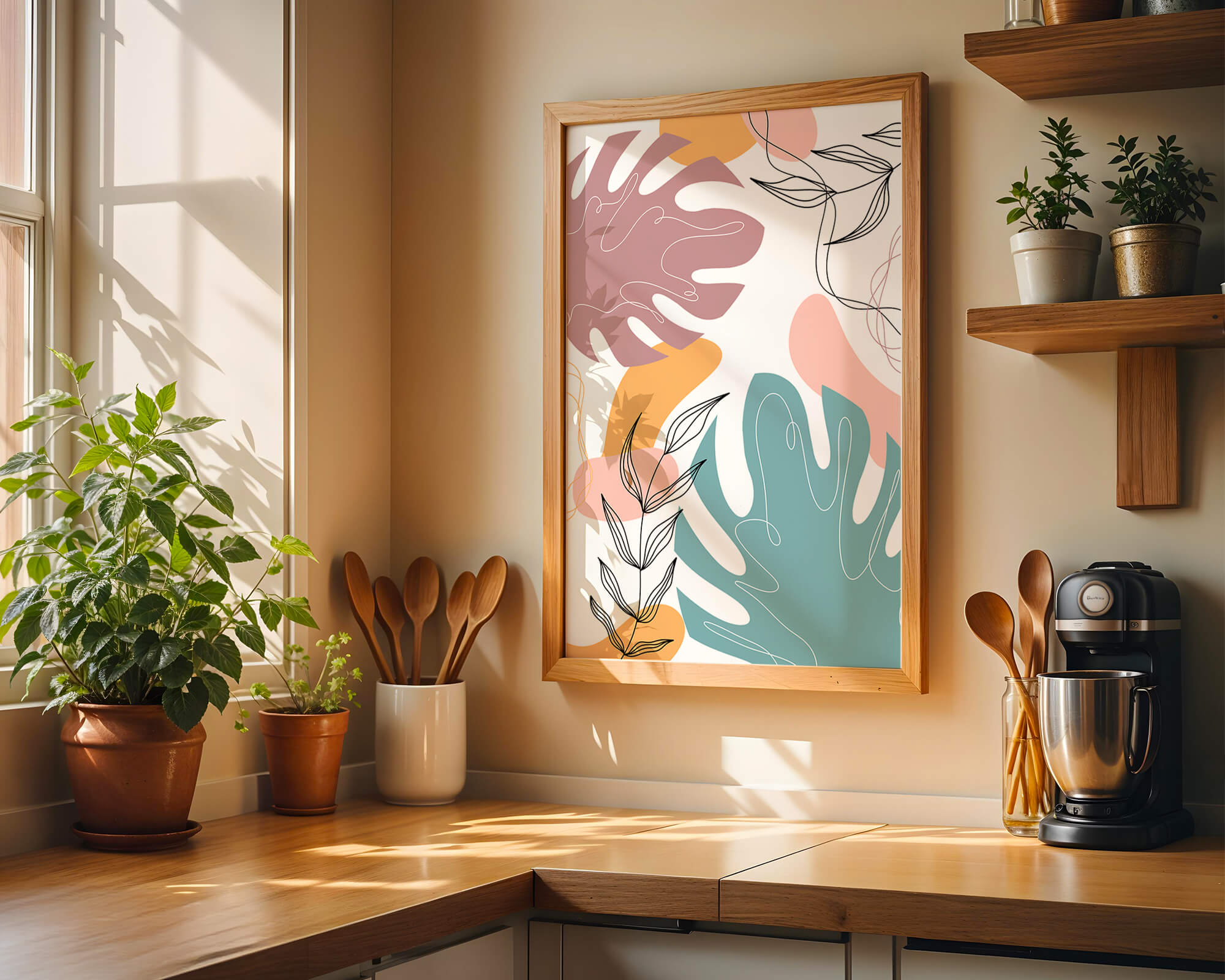 Abstract botanical illustration with colorful leaf patterns