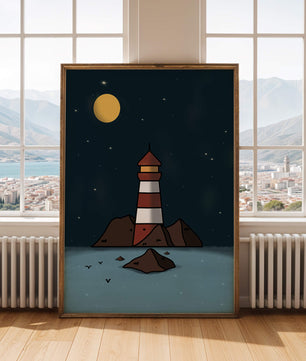 Escena nocturna tranquila con faro y estrellas que reflejan serenidad