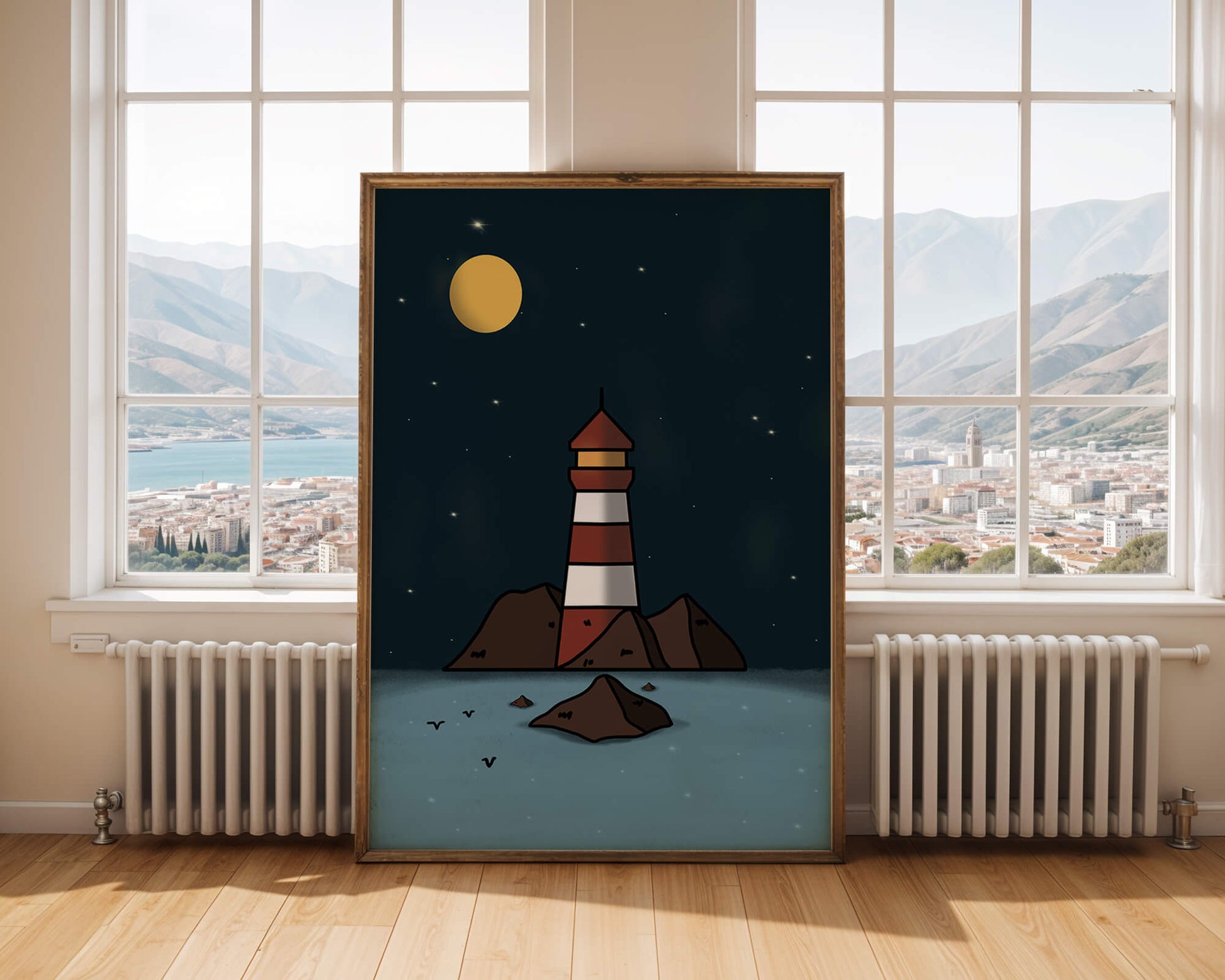 Escena nocturna tranquila con faro y estrellas que reflejan serenidad.