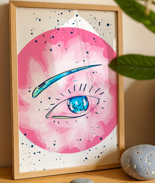 Abstract Eye Illustration with Pink Background and Blue Accents - Mi tienda