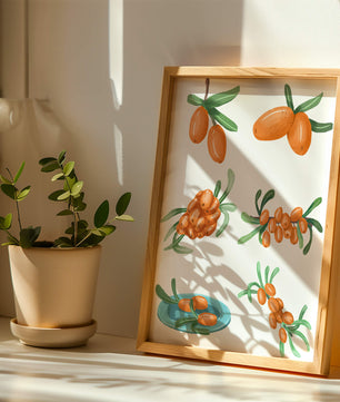 Illustrated sea buckthorn berries with leaves on black background
