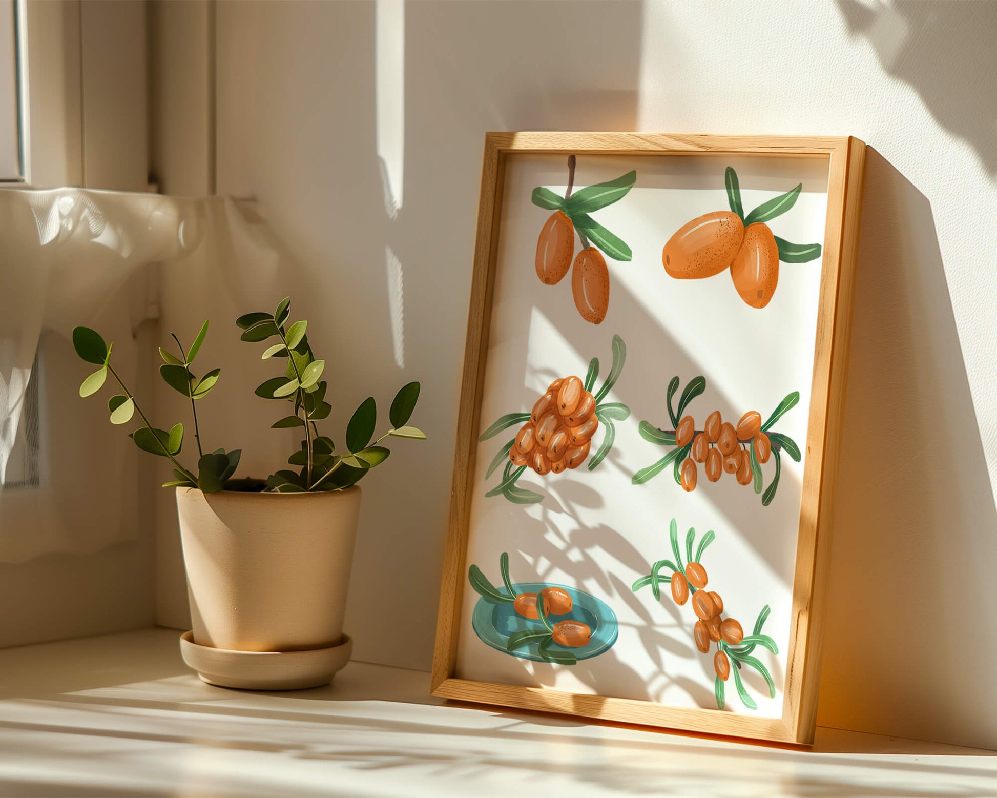 Illustrated sea buckthorn berries with leaves on black background