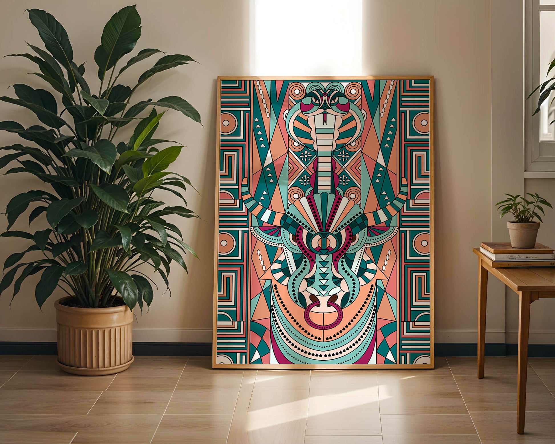 Patrón geométrico de animales con toro y cobra en colores vibrantes