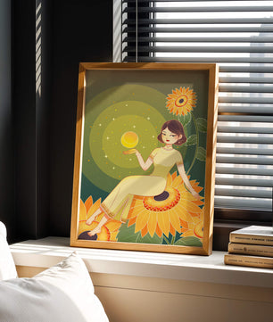 Elegant woman sitting on sunflowers in a celestial scene