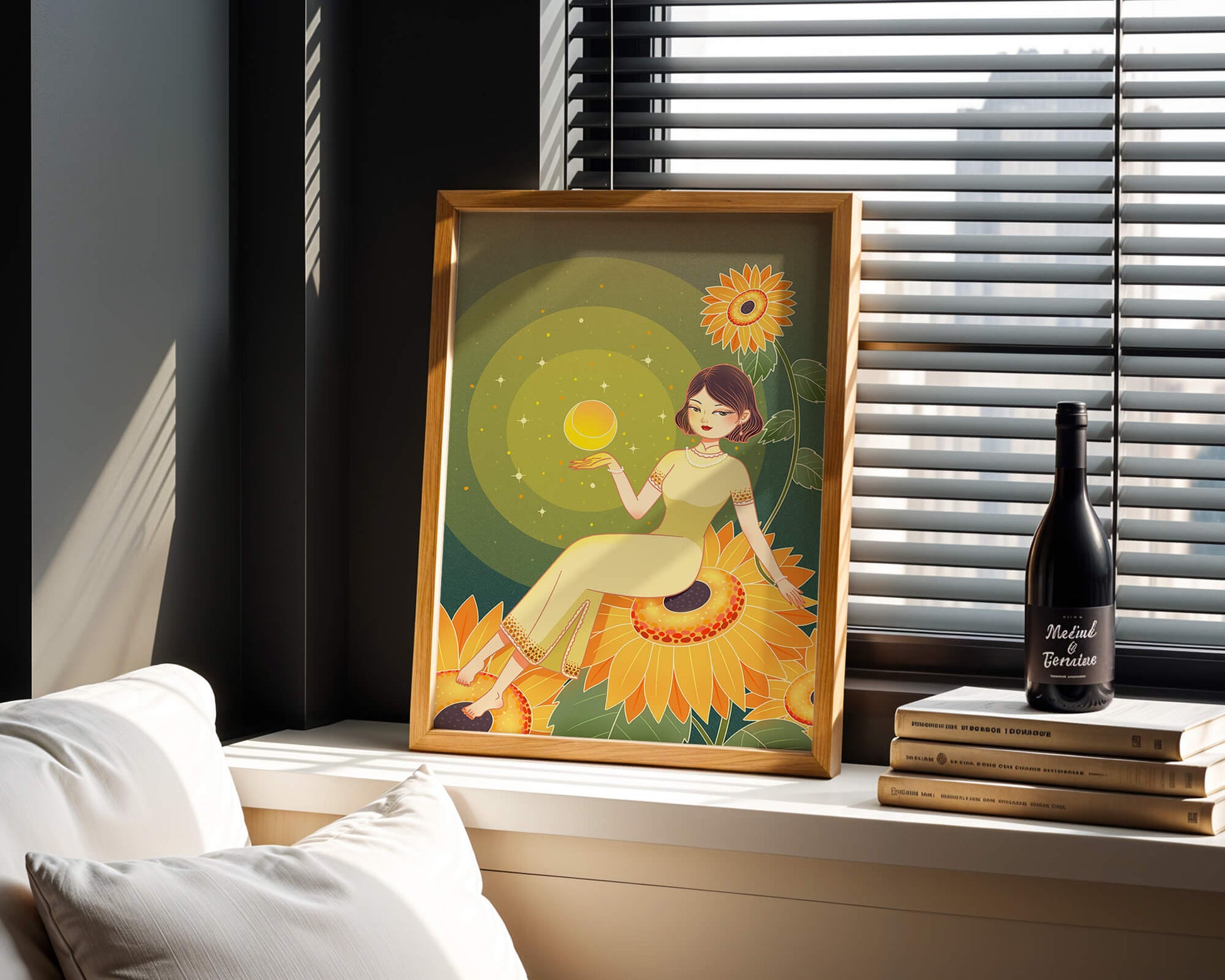 Elegant woman sitting on sunflowers in a celestial scene