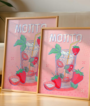 Ilustración de un mojito de fresa con fondo rosa vibrante y diseño juguetón