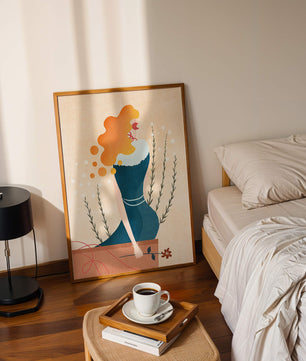 Woman with Floral Decor and Flowing Hair in Minimalist Art - Mi tienda