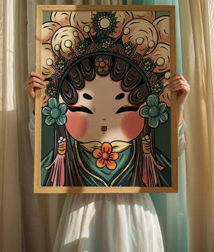 Ilustración encantadora de una muñeca china tradicional con tocado floral