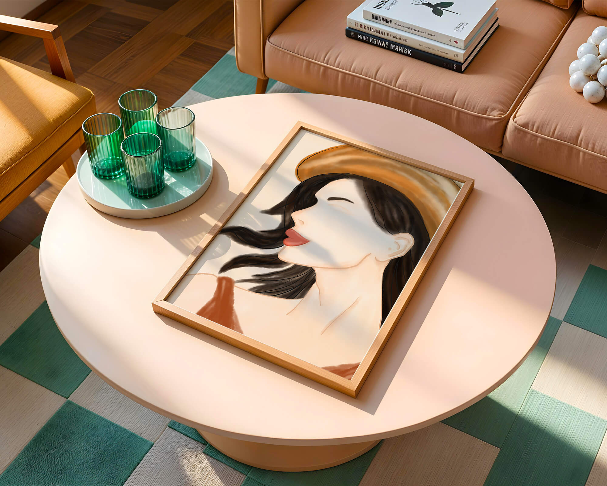 Stylized portrait of a woman in a hat with flowing hair