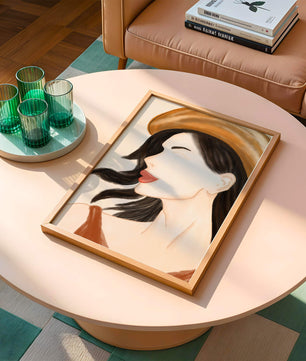 Stylized portrait of a woman in a hat with flowing hair
