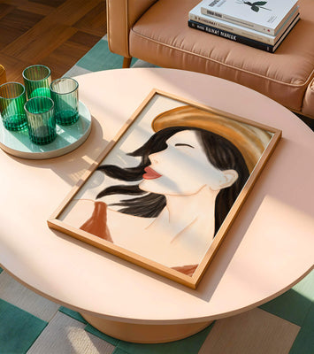 Stylized portrait of a woman in a hat with flowing hair