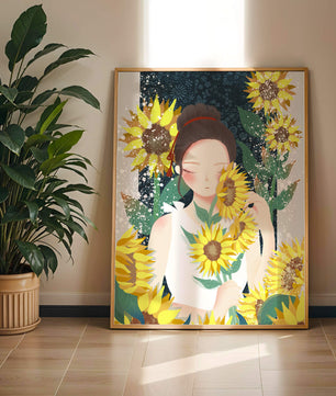 Young woman surrounded by vibrant sunflowers in a serene setting