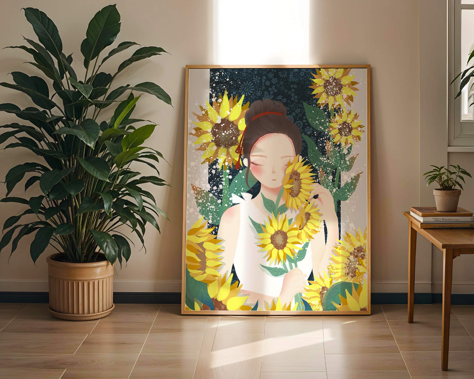 Young woman surrounded by vibrant sunflowers in a serene setting