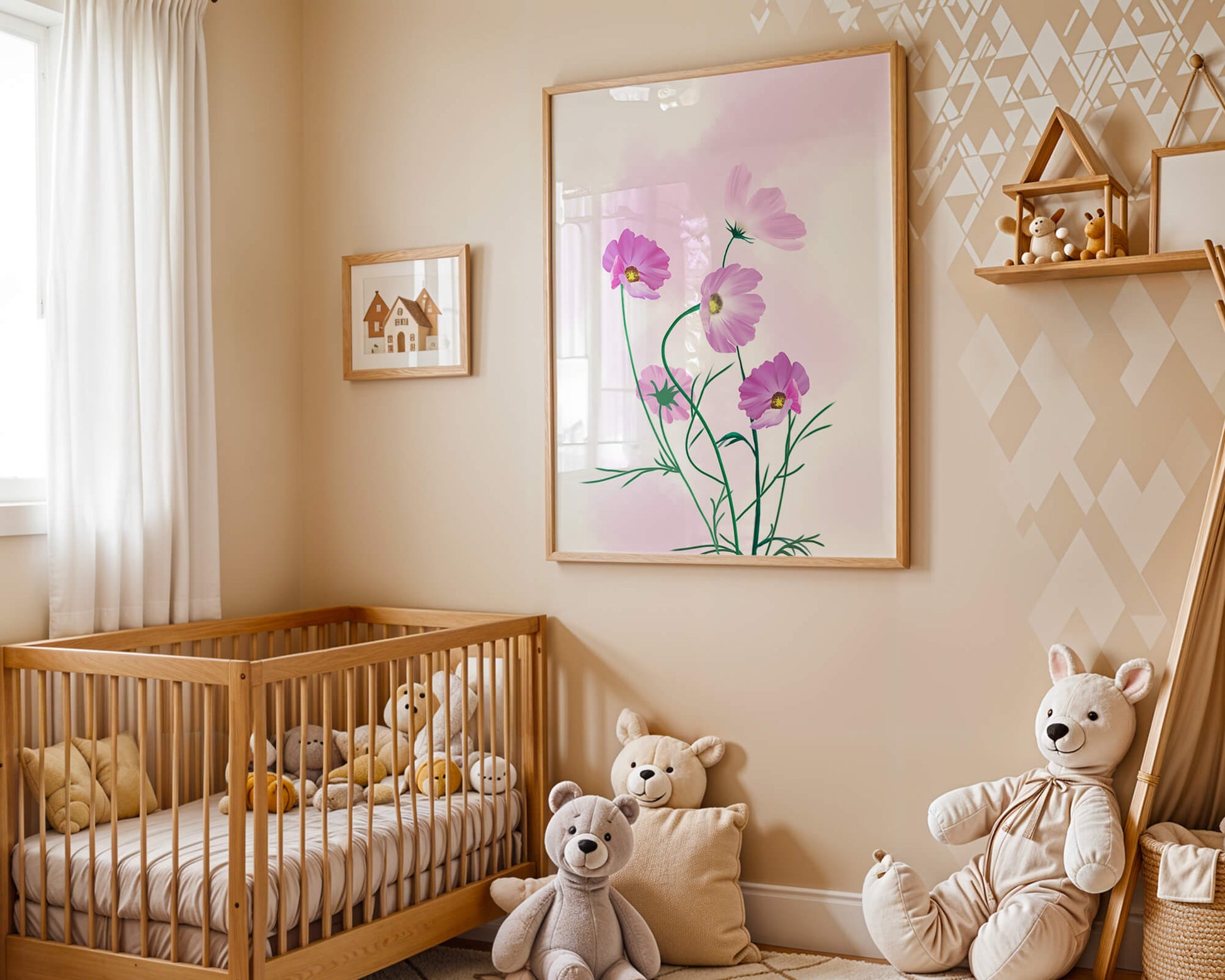 Digital illustration of pink cosmos flowers against a soft pastel background