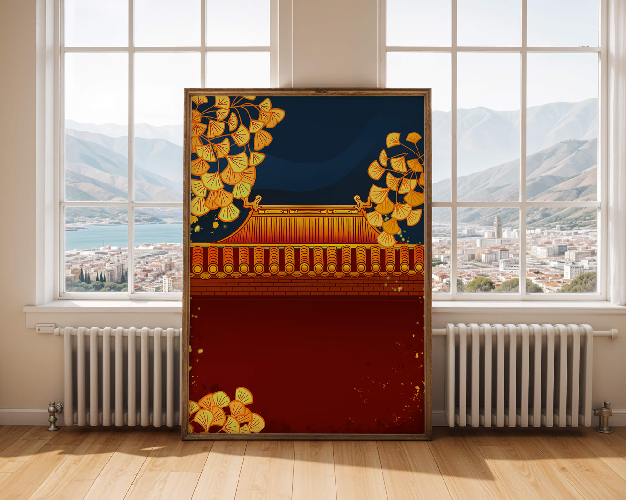 Traditional Asian rooftop with golden foliage on a dark evening sky background