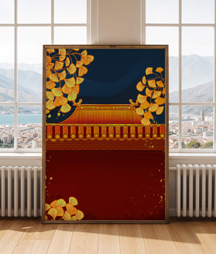 Traditionelles asiatisches Dach mit goldenem Laub auf dunklem Abendhimmel