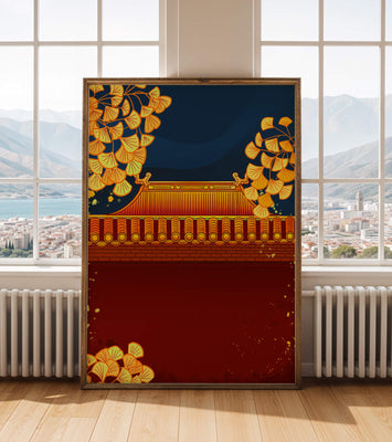 Traditional Asian rooftop with golden foliage on a dark evening sky background