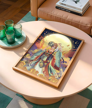Elegant fantasy illustration with celestial elements and rabbit